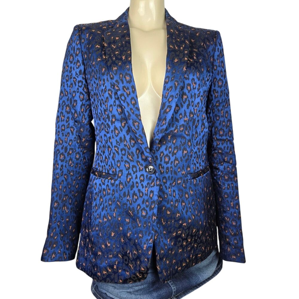 Banana Republic Boyfriend Blazer Women 2 Blue Leopard Print Suit Jacket Career